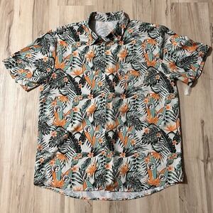 NWOT Buc-ees Floral Hawaiian Button Shirt Men's 2XL Beaver Palm Trees Surfboards
